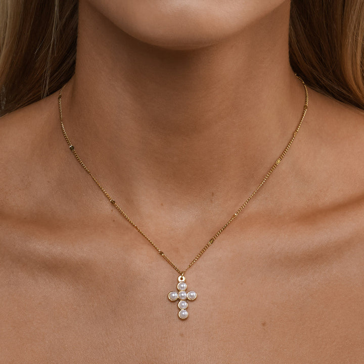 Essie - Pearl Cross Necklace Stainless Steel