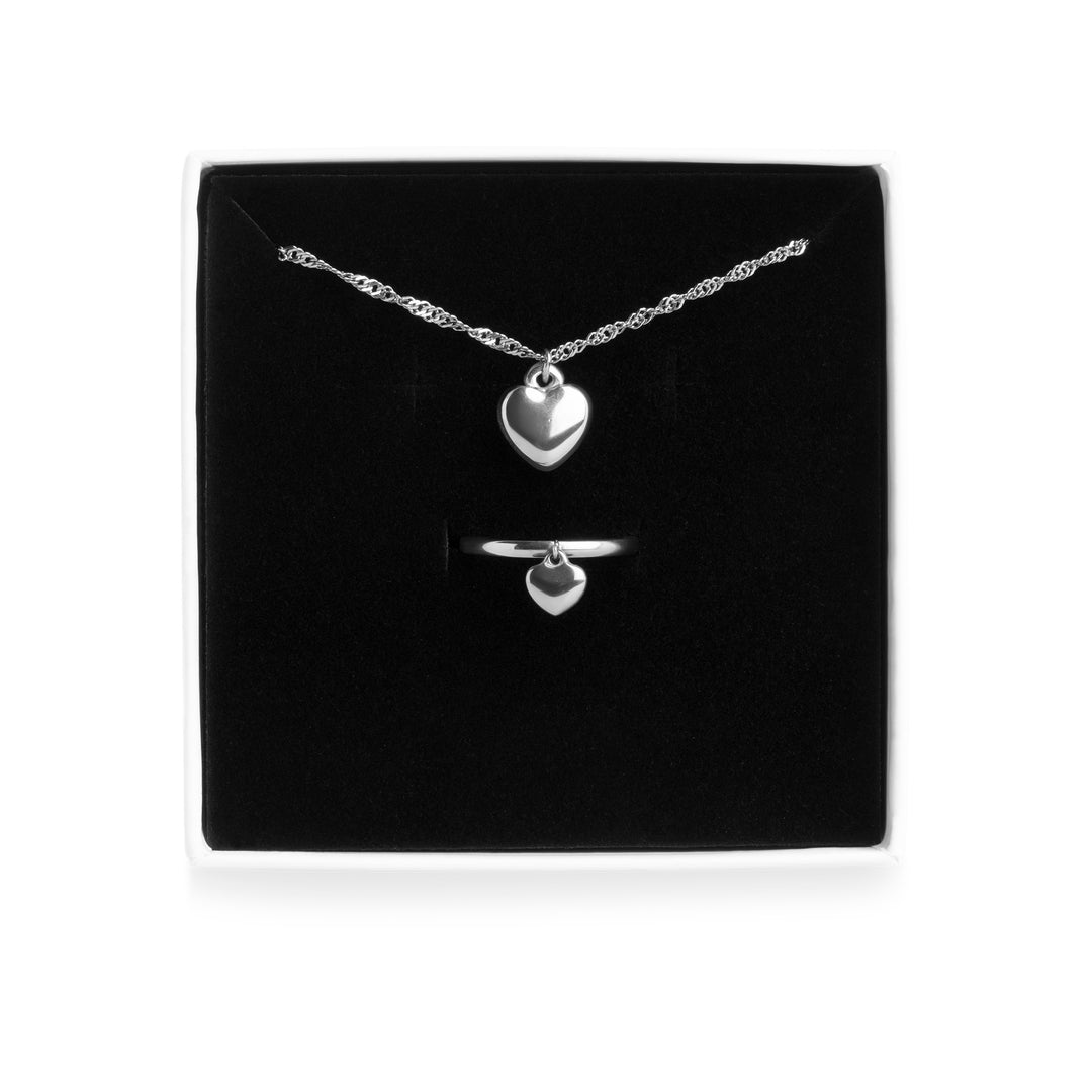 Hjerte halskæde og ring sæt i rustfrit stål
